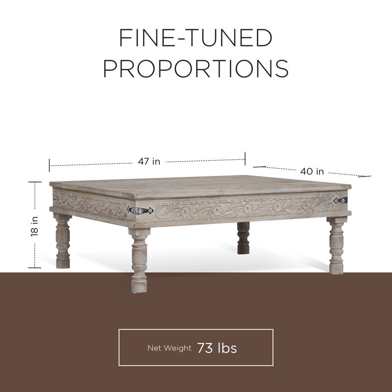 Emin Natural Mango Wood Rectangular Coffee Table with Carved Details