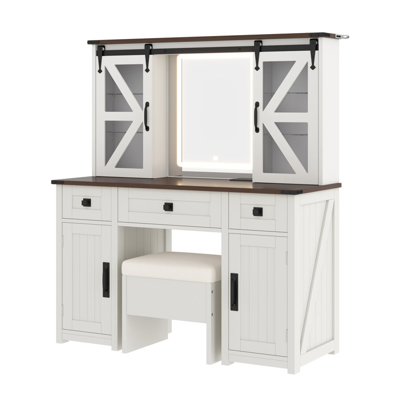 Lighted Vanity Mirror With Storage Stool And Charging Station