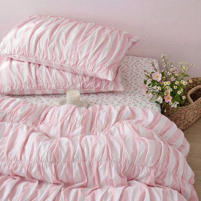 Ensemble de housse de couette 100% coton 3 pièces grand ensemble de literie rayée froncée à rayures blanches et roses avec housse de couette style campagnard avec 8 attaches d'angle