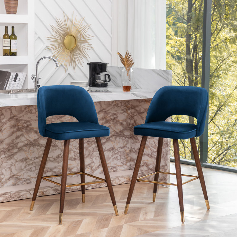 Loganville Velvet Upholstered Bar Stool with Rubberwood Legs, Blue