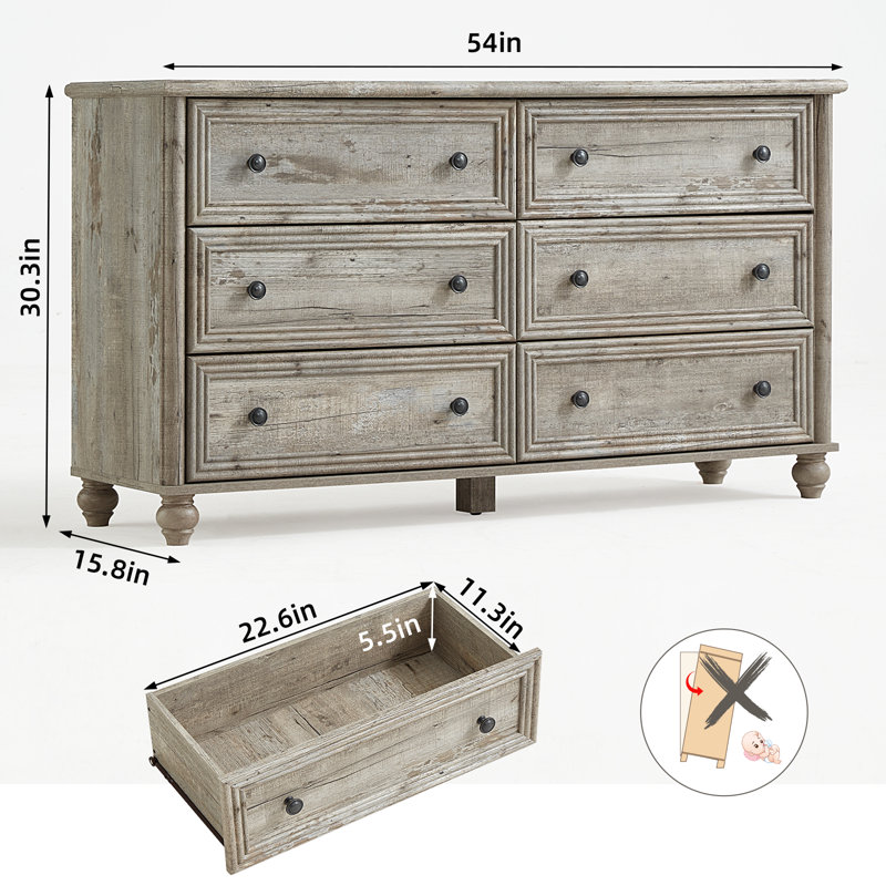 6 Drawers Dresser For Bedroom, Farmhouse 54" Wide Wood Dressers Chest Of Drawers, Vintage Design TV Stand, Rustic Storage Dresser Organizer With Metal Handle Closet For Living Room, Hallway