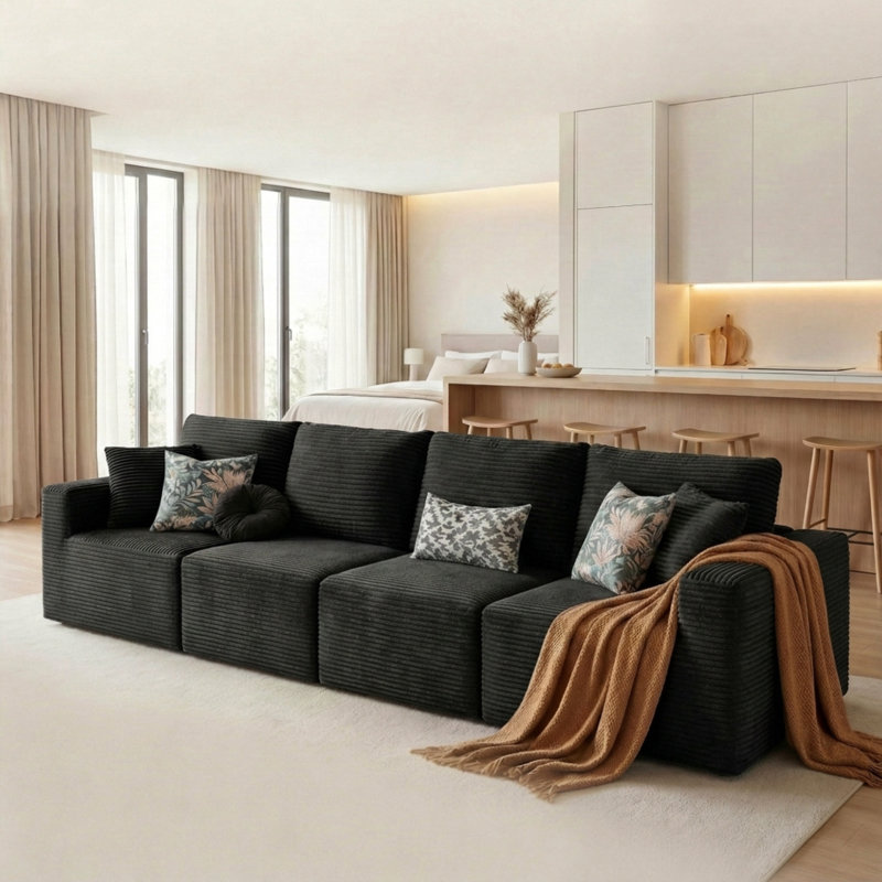 Boneless Modular Sectional Couch, Cloud U-Shaped Compression Sofa with Wide Armrest, Black Corduroy, Straight