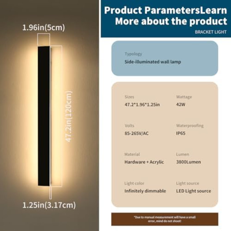 Applique murale d'extérieur moderne de 47 pouces, éclairage extérieur à intensité variable à DEL 3000K-6000K, IP65 imperméable, luminaire minimaliste pour garage pour les couloirs de maison avec télécommande