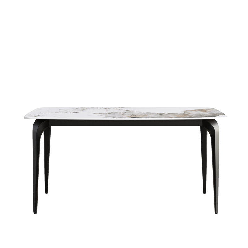 Table de salle à manger 63 "blanc antique - dessus en pierre frittée à chaud, pieds en métal stables, pour 6 pièces, blanc, 6 pieds, noir