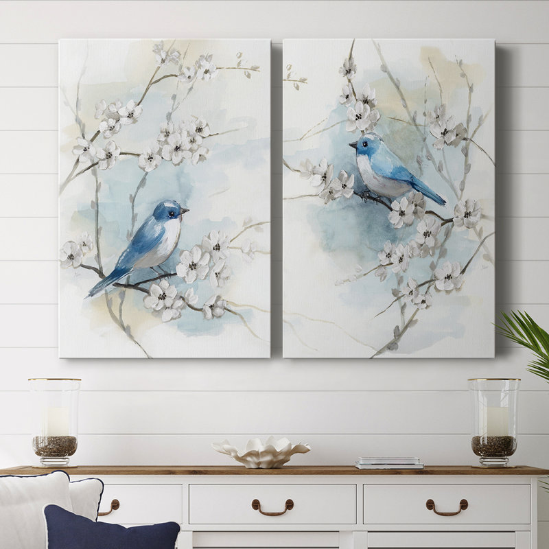 «Blossoms and Bluebird» - Toile tendue avec châssis I-Premium - prête à être accrochée, H 12 po x l 16 po