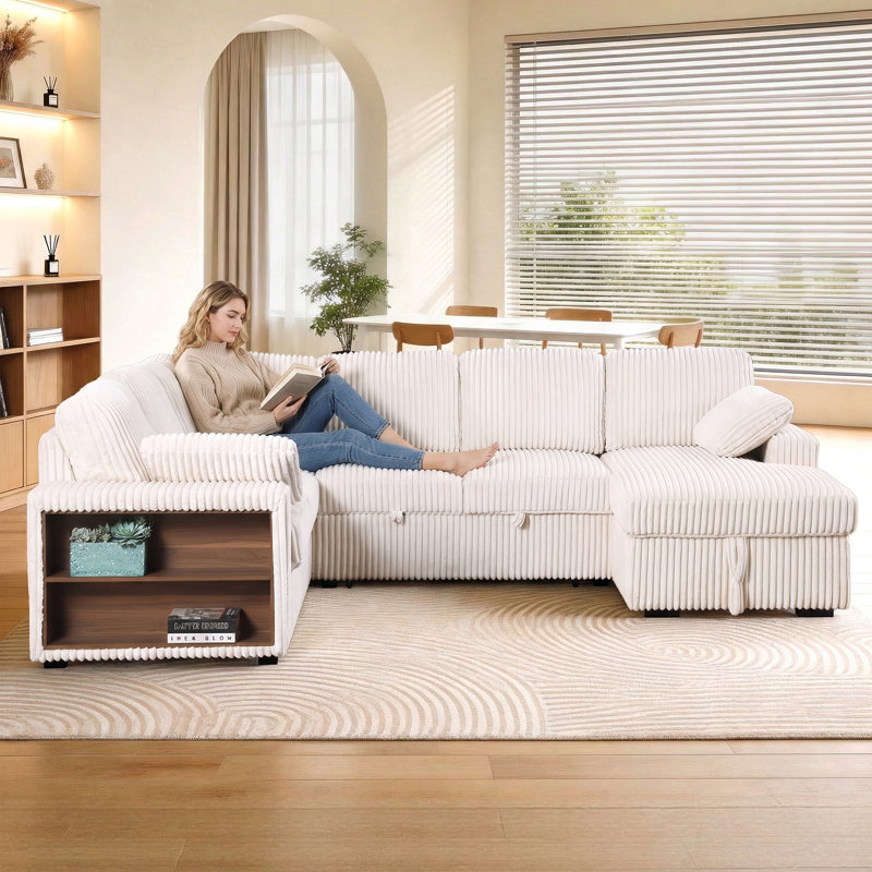 Canapé-lit modulaire en velours côtelé de 118 po avec canapé-lit 118 po, Biege Corduroy