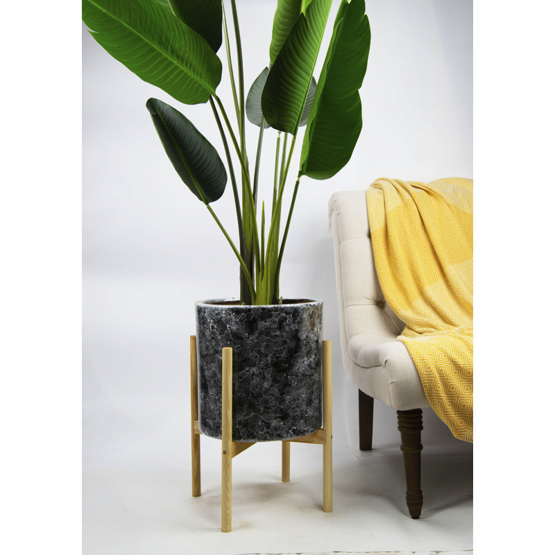 Pot de fleurs en céramique Lita, Marbre noir / hêtre naturel
