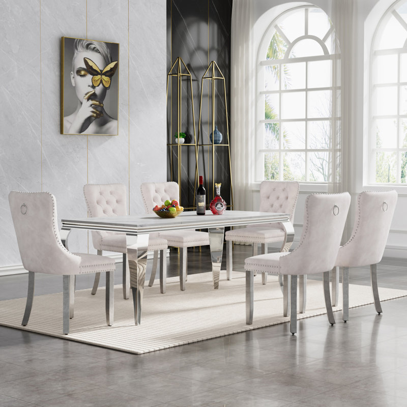 68" Luxury Faux Marble Dining Table Set, Modern Kitchen Table with Stainless Steel Pedestal, Modern Dining Room Table with Velvet Dining Chairs, Dining Table Set