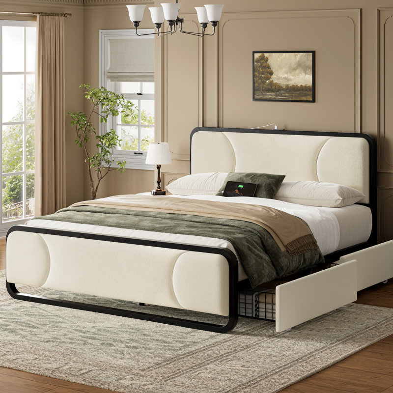 Upholstered Platform Bed with 2 Storage Drawers, Modern Bed Frame with Charging Station, Storage Bed with Velvet Tufted Headboard, No Spring Boxing Needed