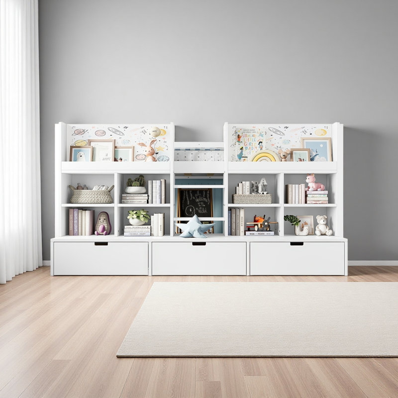 Lit mezzanine avec tablettes et rangements multiples, Lit simple, Blanc