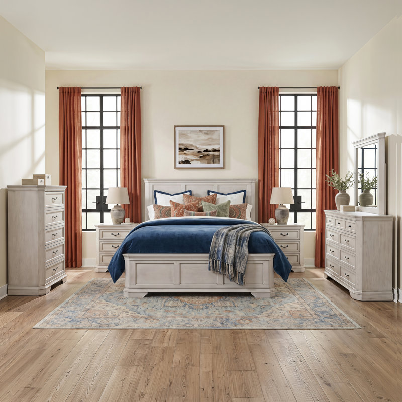 Ensemble de chambre à coucher Cressa 6 pièces, Blanc antique, 6 Pcs: Bed, 2 Nightstands, Dresser, Mirror, Chest, Grand
