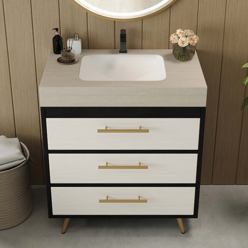 Meuble-lavabo autoportant moderne avec lavabo vasque en céramique et plateau en pierre frittée durable, Gris Pierre