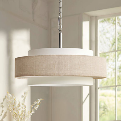 5- Light White Natural Linen  Burlap Shaded  Drum Chandelier  For Dining Room