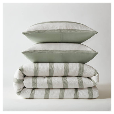 3-Piece King/Cal King Sage Green Yarn-Dyed Striped Comforter Set - Modern Minimalist Bedding with Soft Microfiber Reverse
