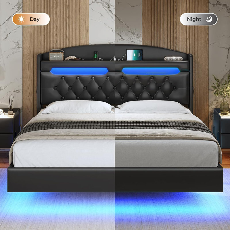 Base de lit flottante avec tête de lit cachée, base de lit à DEL flottante avec station de charge, lit plateforme tapissier en cuir avec rangement