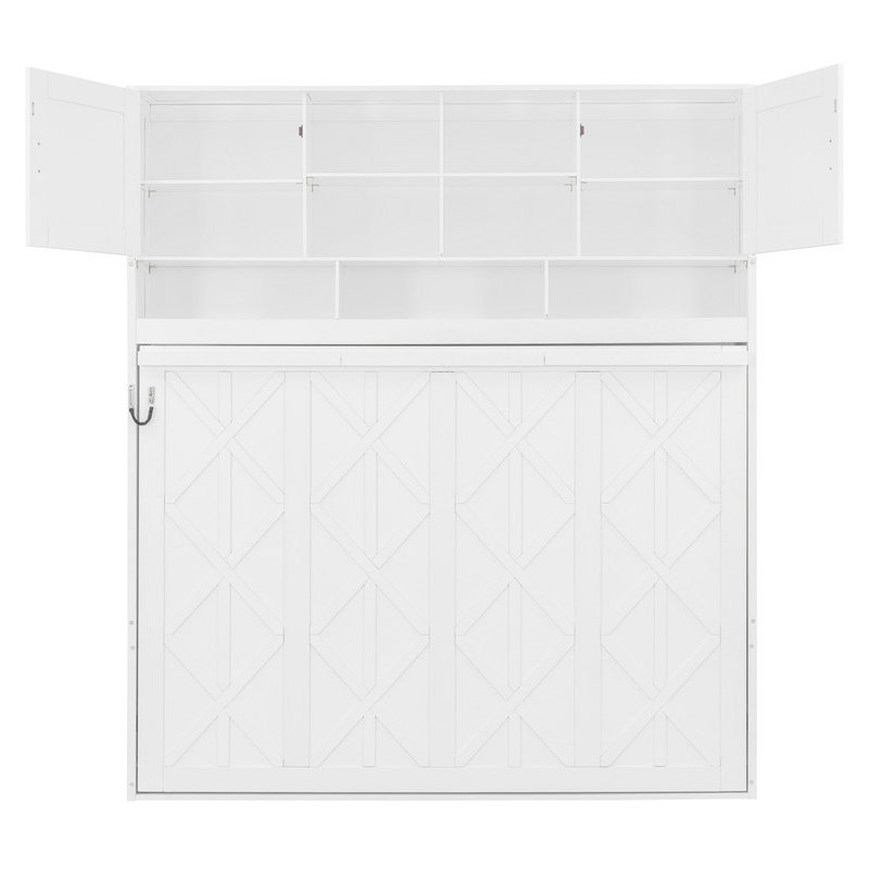 Queen Size Wall Murphy Bed with Ample Storage Space and Diamond Stripes, White