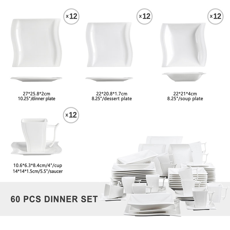 60 Piece Porcelain China Dinnerware Set, Service for 12 