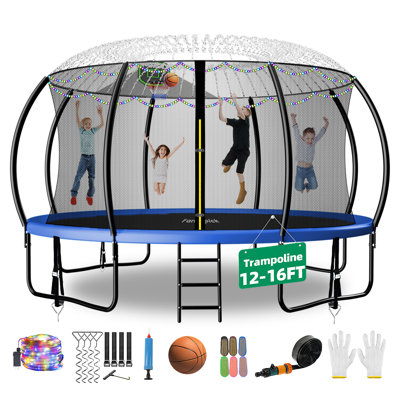 12ft Round Backyard Trampoline With Safety Enclosure Net Basketball Hoop Bonus Sprinkler And Led Lights, Outdoor Recreational Trampoline
