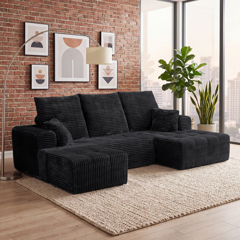 Canapé d'angle modulaire compressé en forme de U de 277 cm de large avec méridienne et pouf, 3 pièces, revêtement en velours côtelé, assise profonde, ressorts ensachés et 5 coussins pour salon, aucun assemblage requis, noir