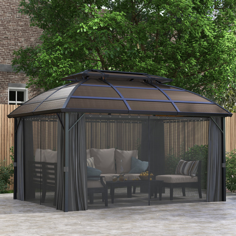 Hern 4 x 3 m Outdoor Hardtop Gazebo Canopy with Netting Curtains, Brown