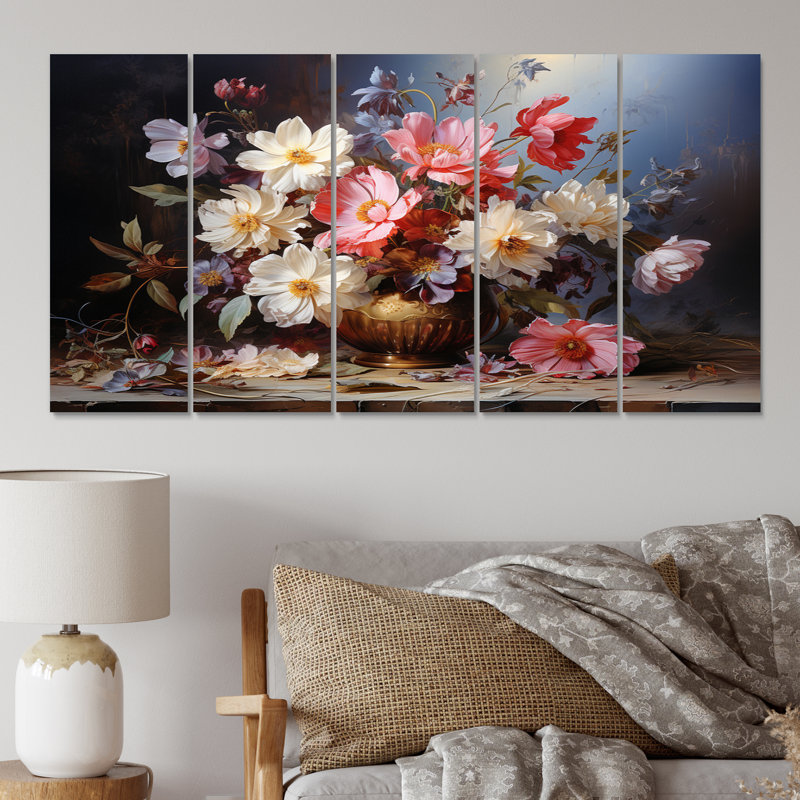 Bouquet de fleurs sauvages éternelles - décoration murale florale - 5 panneaux égaux