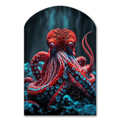 Red Octopus On The Ocean Floor IV - Animal Octopus Arch Shape Assymterical Wall Art