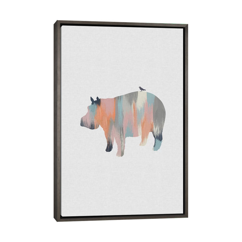 Pastel Hippo - impression d'art graphique, H 60 po x l 40po x P 1,5 po, Toile avec cadre noir patiné