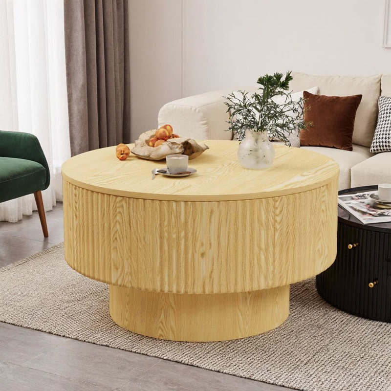 Table basse 29,5 "moderne avec motif rayé rainuré - Table centrale en panneau de fibres à densité moyenne avec tablette de rangement cachée, table d'appoint en forme de champignon pour le salon, la chambre à coucher ou la cuisine