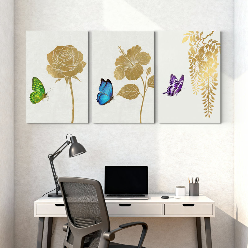 Plantes et fleurs, rose dorée avec fleur d'hibiscus papillon vert et vigne de glycine papillon bleu avec papillon mauve, ensemble de 3 impressions sur toile