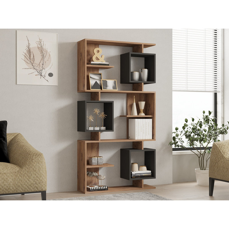 Modern Bookshelf, Atlantic Pine & Anthracite, 35.4 x 67.6 x 9.7 inches | 100% Melamine Coated Particle Board, Thickness: 0.7 inches | Stylish & Functional Storage Solution for Home & Office, Sleek Design