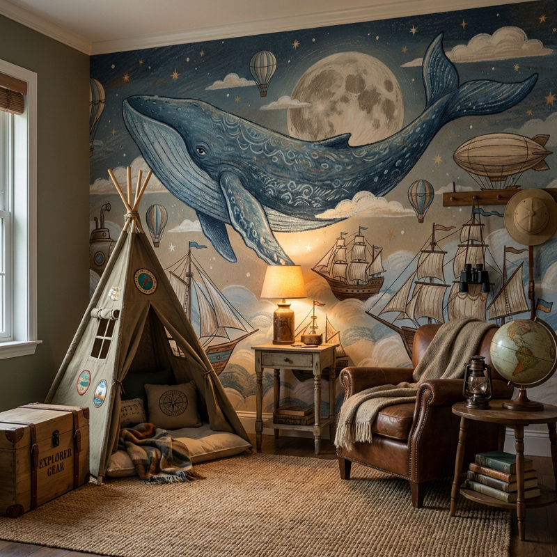 Murale baleine fantaisie nautique, Texturé non collé, 160 po x 108 po
