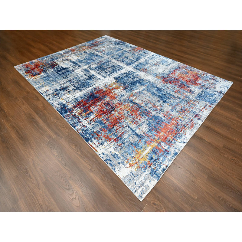 Tapis oriental bleu en soie noué à la main 8 pi 9 po x 11 pi 7 po - MOA10210213