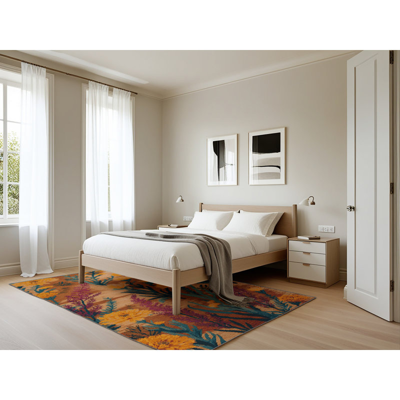 Tapis botanique brun lavable à la machine, Rectangle 5 pi x 7 pi