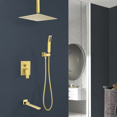 1-Spray Patterns 16 In. Dual Fixed And Handheld Shower Head With Bathtub Faucet 2.5 GPM In Brushed Gold