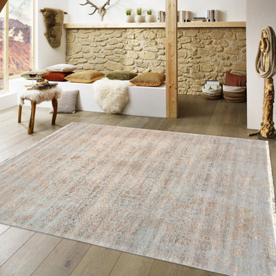 Tapis transitionnel bleu / doré en rayonne de bambou et laine