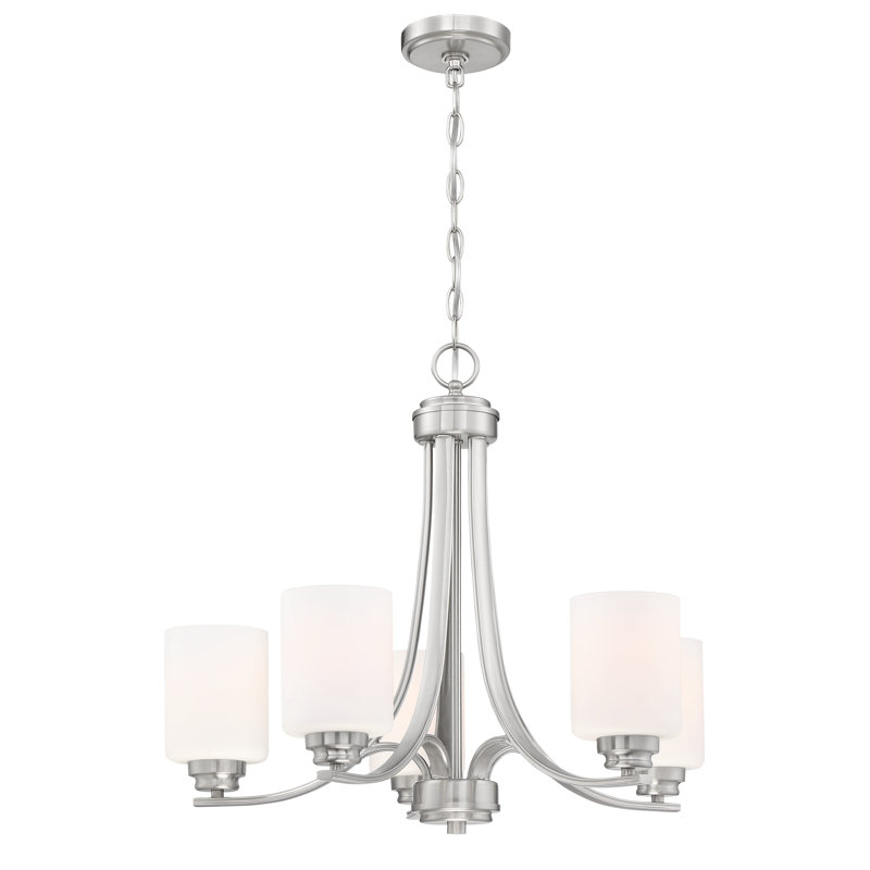 5 - Light Dimmable Empire Chandelier, Brushed Polished Nickel, White Frosted