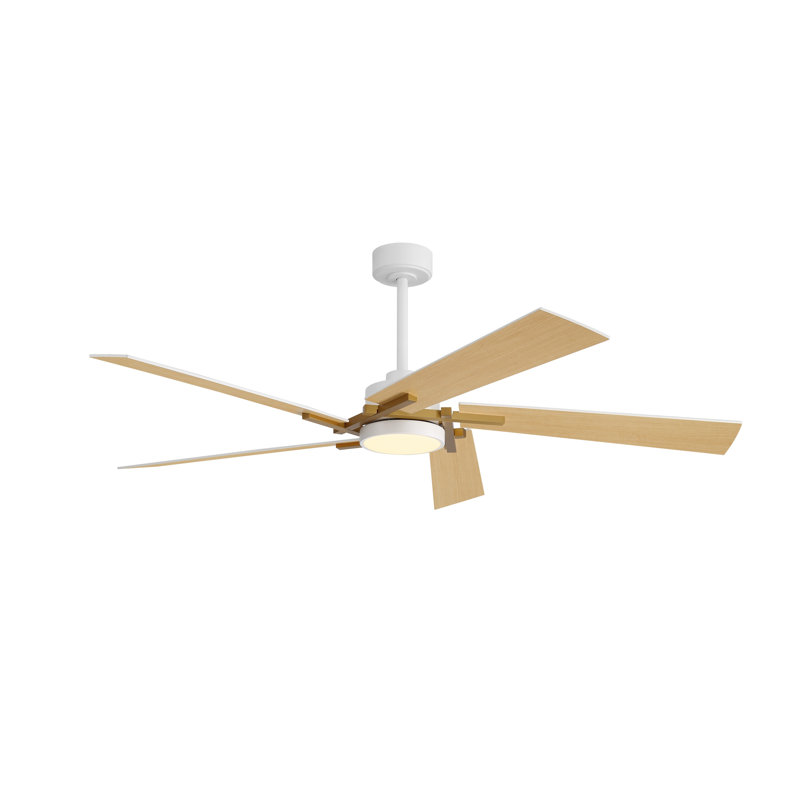 Ventilateur de plafond 64 pouces à 7 pales avec DEL intégré et télécommande, Blanc et doré, Grain de bois naturel