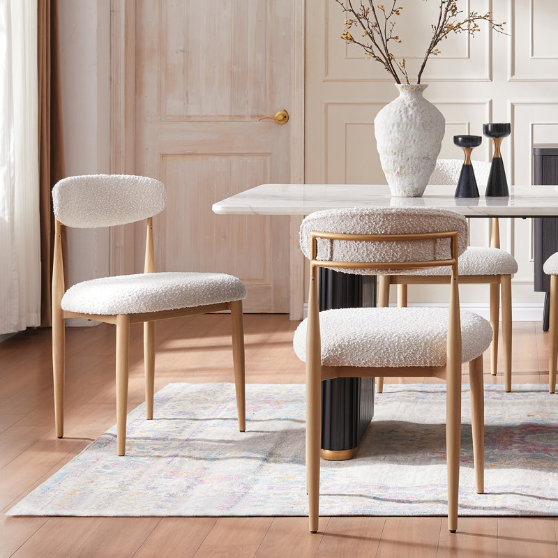 Velora 2 Pieces Dining Chair, Upholstered Side Chair With Wood Grain Metal Frame, White