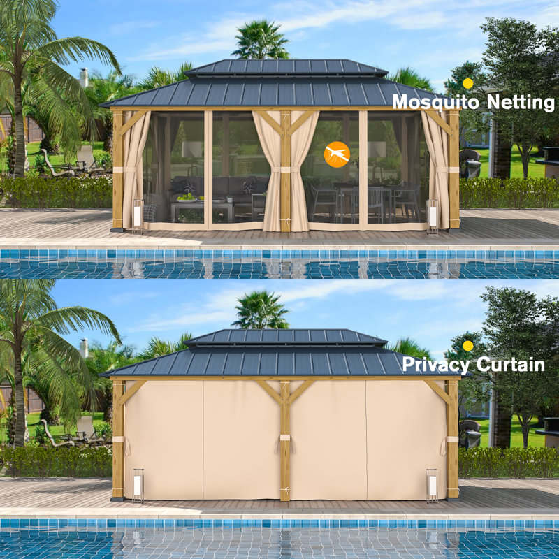 Cedar and Metal Hardtop Outdoor Gazebo with Curtains, 12' x 20'