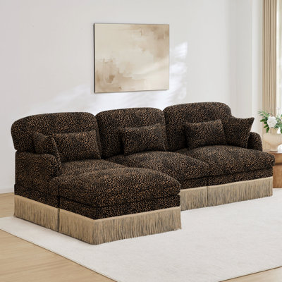 Canapé en L confortable à imprimé léopard en chenille, bord à pampille délicat, repose-pieds mobile, style moderne, dossier et siège ergonomiques, assemblage facile, siège profond pour le salon