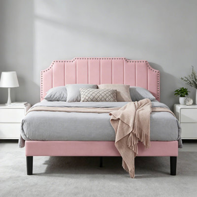 Queen Size Pink Velvet Platform Bed with Nailhead Trim Headboard, Upholstered Bed Frame No Box Spring Needed, Modern Blush Pink Bed for Bedroom