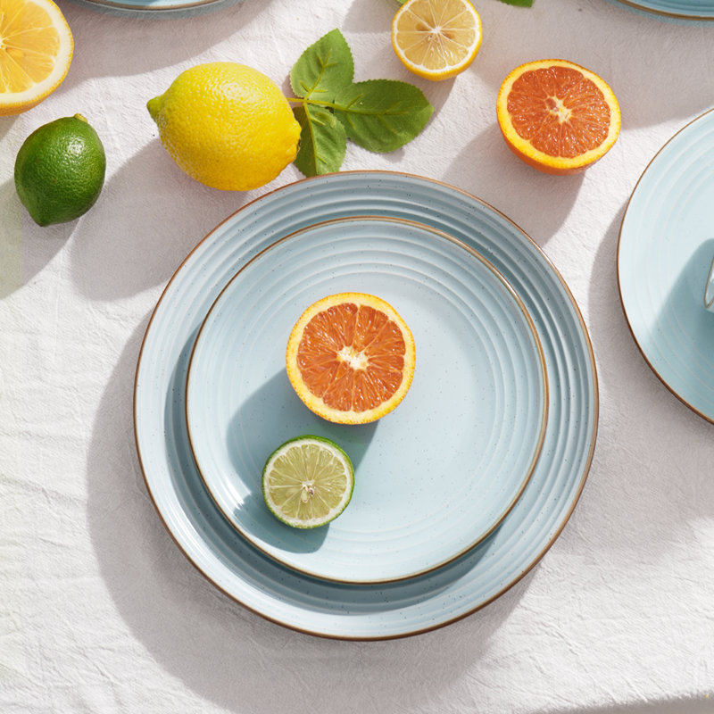  18 Piece Stoneware Dinnerware Set, Dish Set for 6, Light Blue