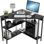 Bureau en coin Hatal avec prises et ports USB, table de coin triangulaire à 90 degrés avec tablettes de rangement