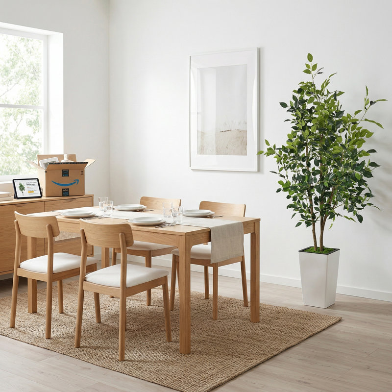 Ficus artificiel réaliste de 6 pi, feuilles de soie réalistes résistantes aux rayons UV avec jardinière blanche pour la maison