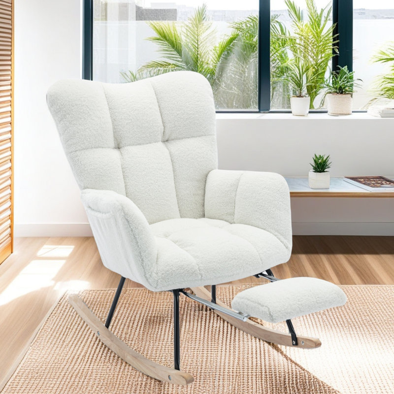 Chaise berçante en tissu avec repose-pieds Teddy, Ivoire ivoire