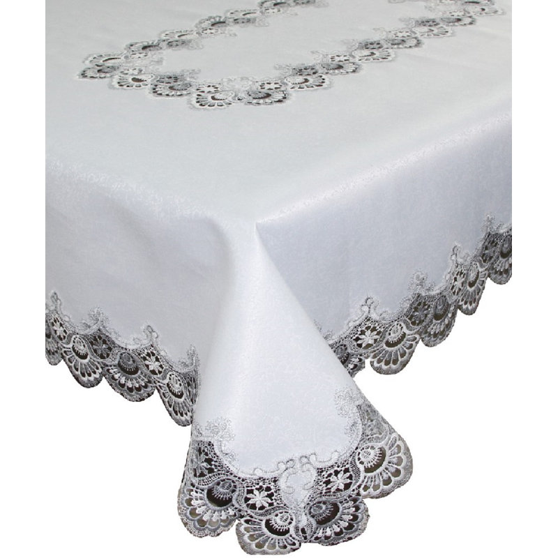 Ploy Lace Tablecloth, 72" x 54", White/Silver