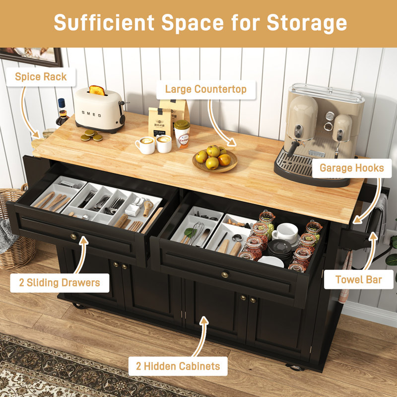 55" Movable Kitchen Island with Drop Leaf and Power Outlet, Rolling Kitchen Cart with Rubber wood Countertop, Island Table on Wheels for Kitchen w/2 Drawers, Spice Rack, Towel Bar, Adjustable Shelves