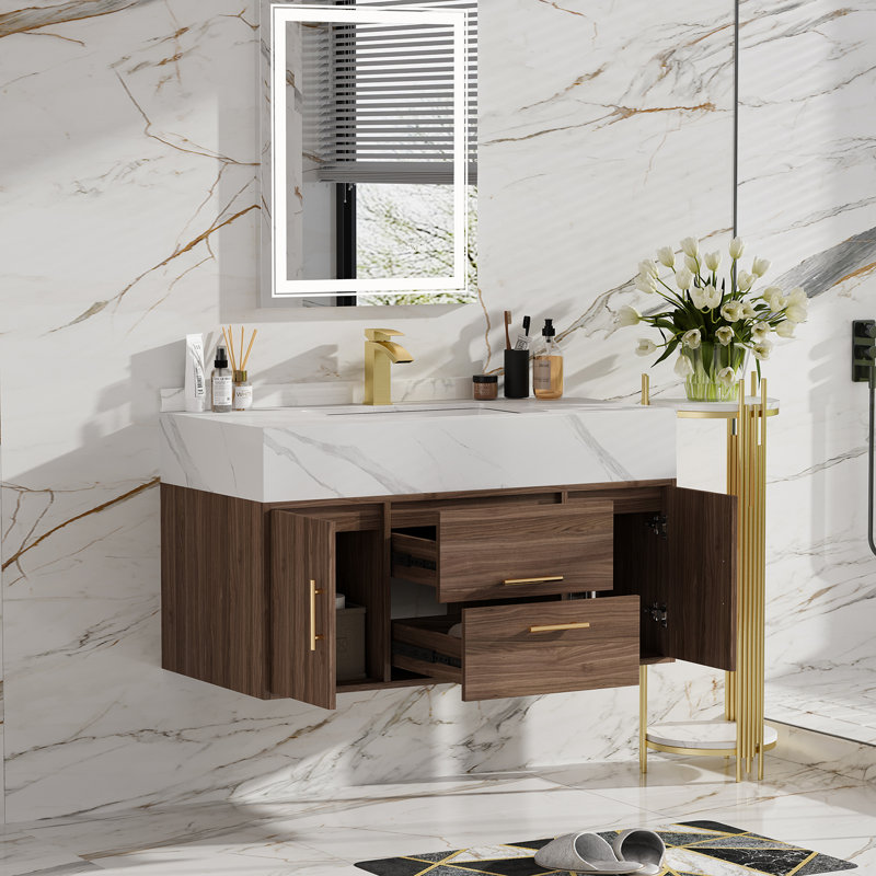 Ensemble de meuble-lavabo moderne en pierre frittée flottante noire avec lavabo 39,4 po Ivanbrook, Noyer