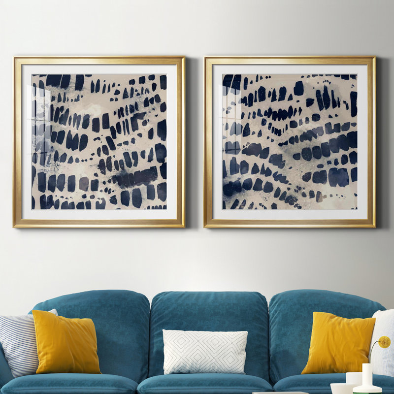 Indigo Markings I - Ensemble de 2 reproductions d'art encadrées, H 26,5 po x l 53 po, Impression encadrée avec passe-partout