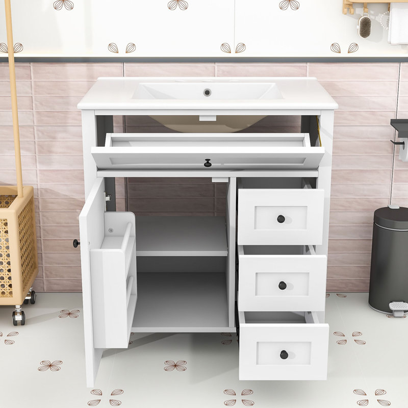 Meuble-lavabo de 30 pouces avec lavabo en céramique, 3 tiroirs de rangement et tablette réglable, Blanc